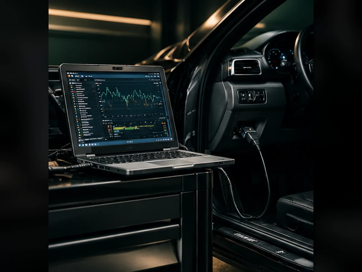 Laptop mit Diagnosekurven am OBD-Anschluss eines unmarkierten Fahrzeugs.