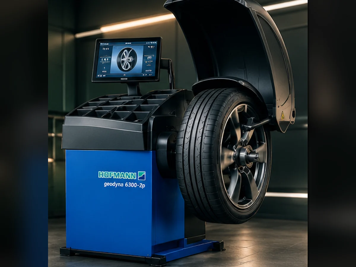 Hofmann geodyna 6300-2P mit eingespanntem Rad im dunklen Studio.
